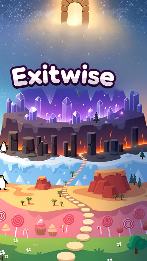 Exitwise's welcome screen: a tower of colourful worlds under the Exitwise title, with a glowing door at the top