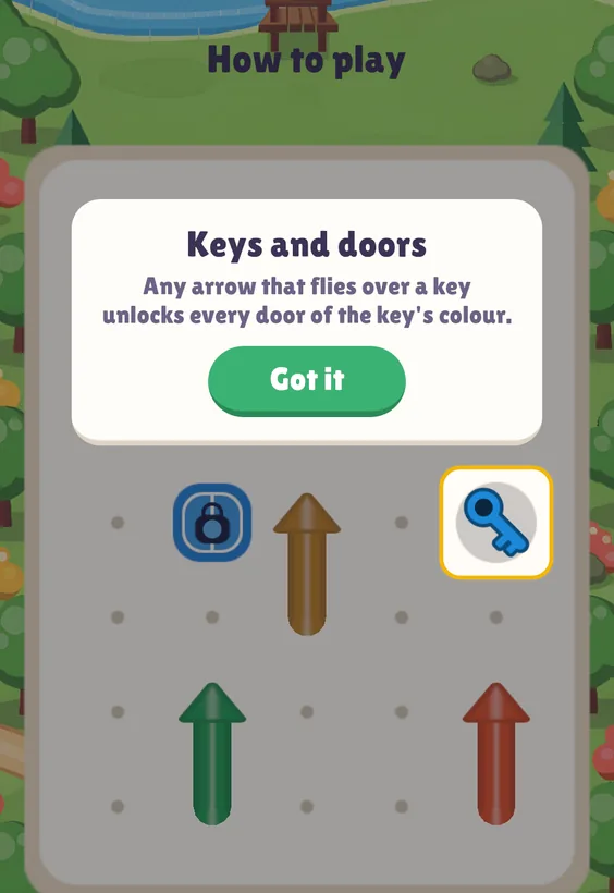 The How to play lesson Keys and doors: a blue key on a grey plate and a blue locked door with a padlock
