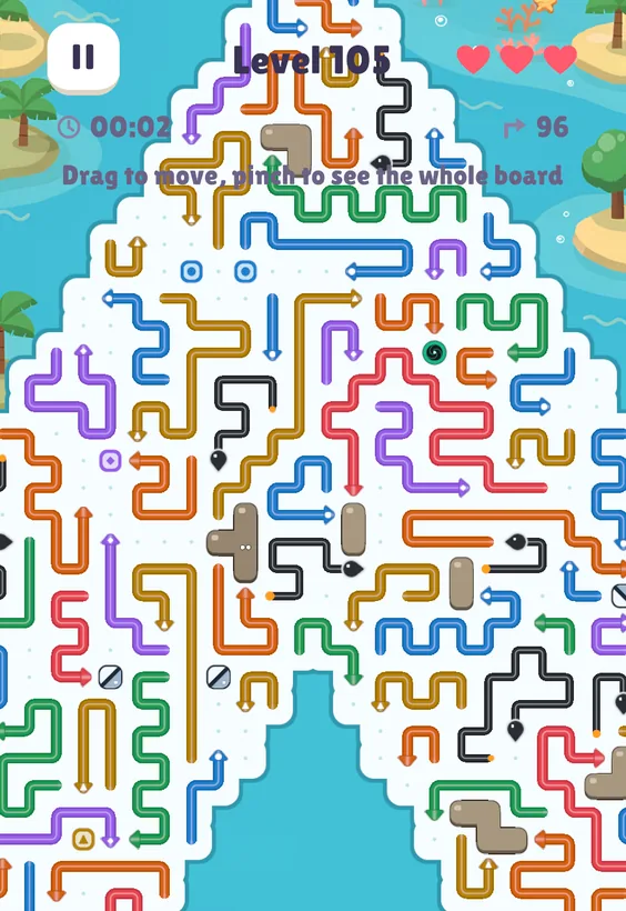 Level 105 in the Lagoon: a T-shaped level-2 rock with two white dots among rocks, bomb arrows, a portal and mirrors