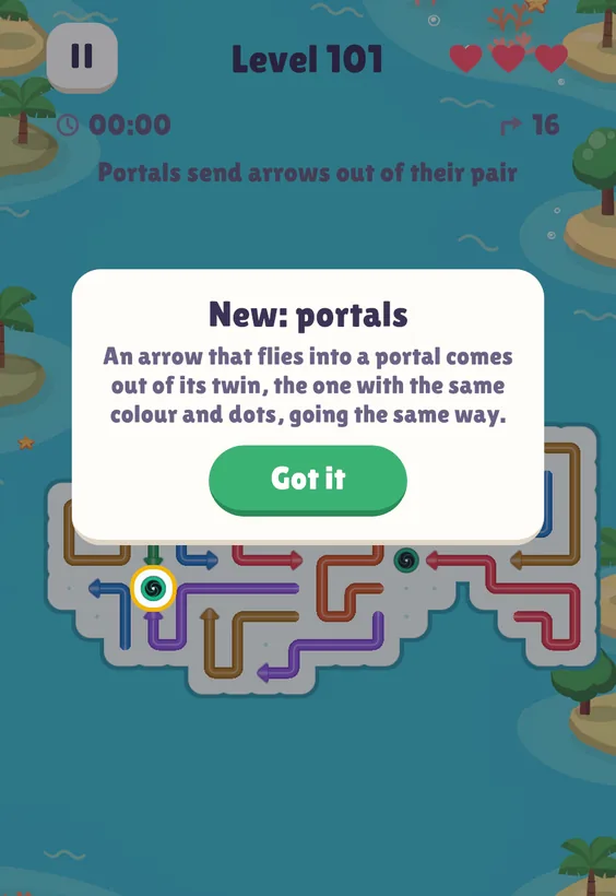 Level 101, the portals introduction: the card "New: portals" above a small board with its two green portals