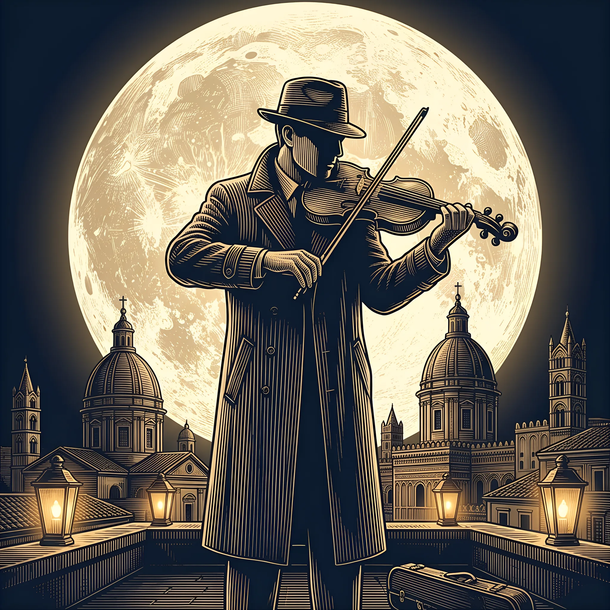 The Palermo Noir soundtrack cover: a violinist in a fedora and a long coat plays on a Palermo rooftop against a huge full moon, the domes and bell towers below, in gold engraved lines on navy