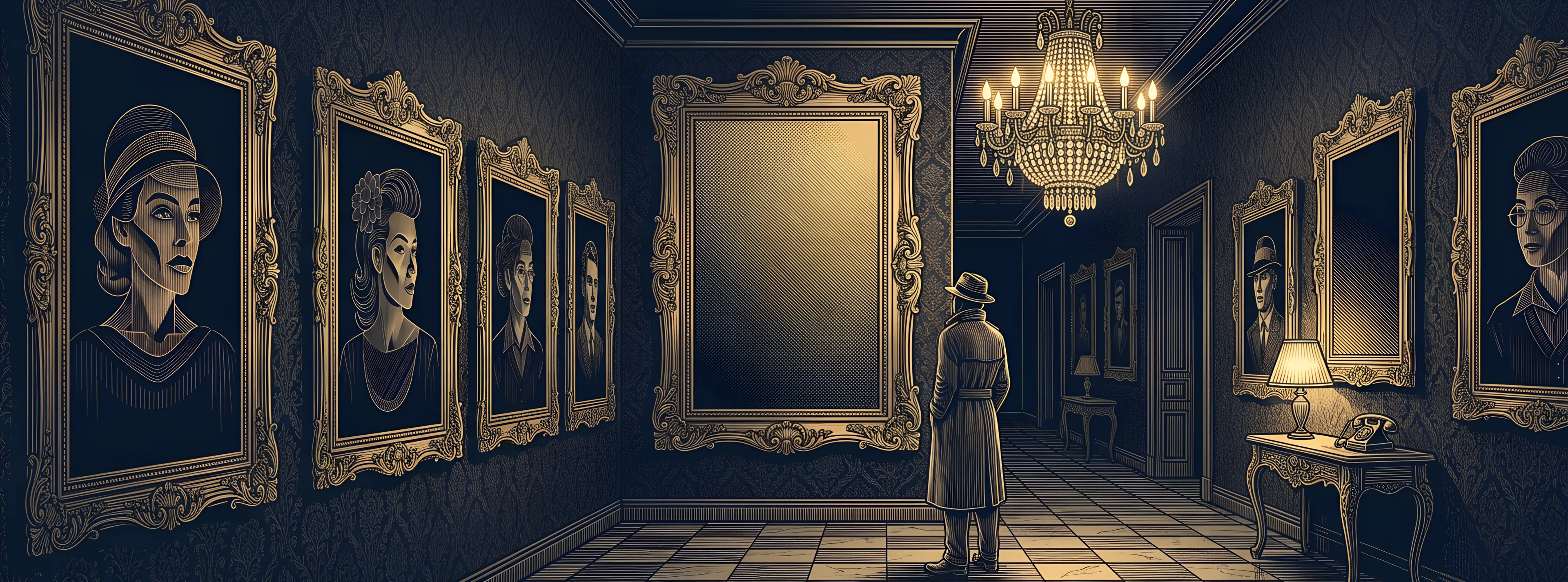 A man in a trench coat and a fedora stands alone in the long gallery of a Palermo palazzo at night, looking up at gilt-framed portraits under a crystal chandelier, drawn in gold engraved lines on navy
