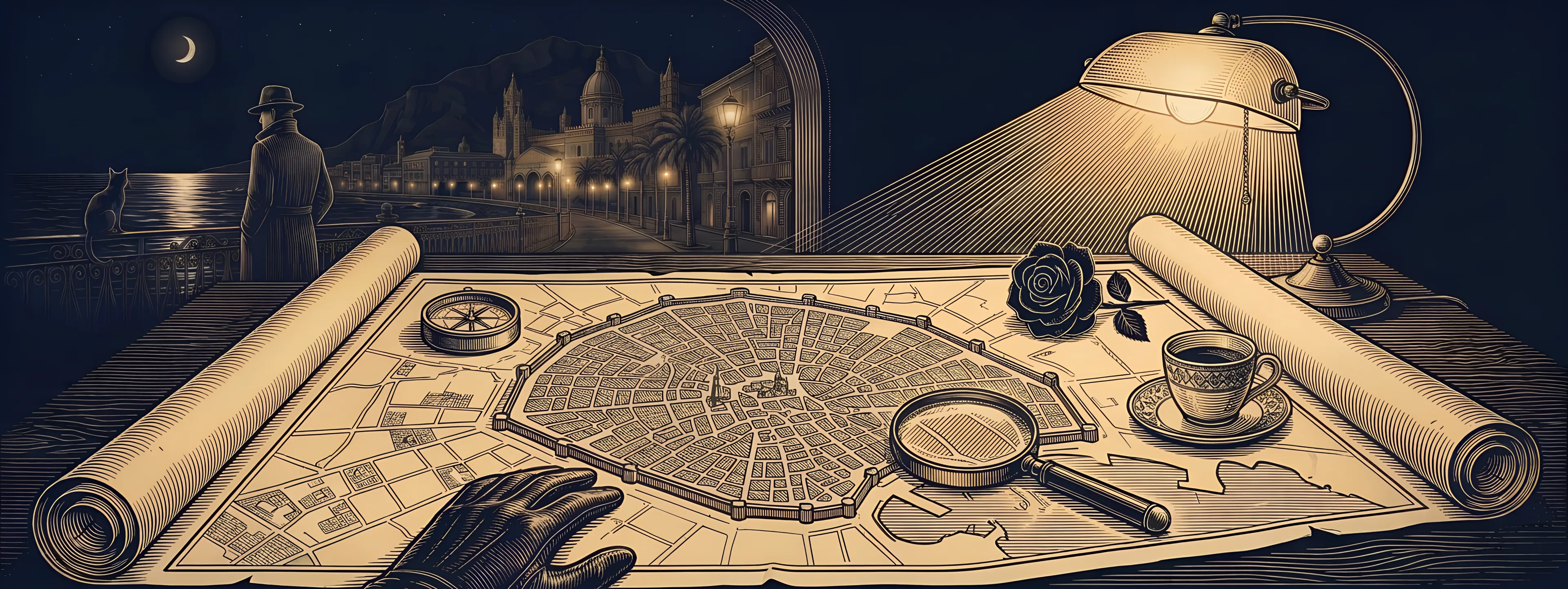 An old map of Palermo unrolled on a table under a desk lamp, held flat by a brass compass, a magnifying glass, an espresso and a black rose, a gloved hand on it, and through the window the spy and the moonlit seafront, drawn in gold engraved lines on navy