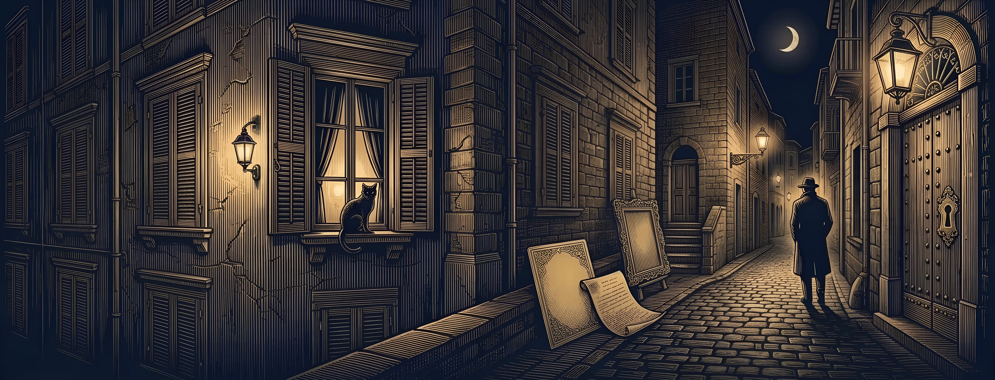 A narrow Palermo street at night with every shutter closed, a black cat on the one lit windowsill, a heavy studded door with a brass keyhole and a man in a fedora walking away, drawn in gold engraved lines on navy