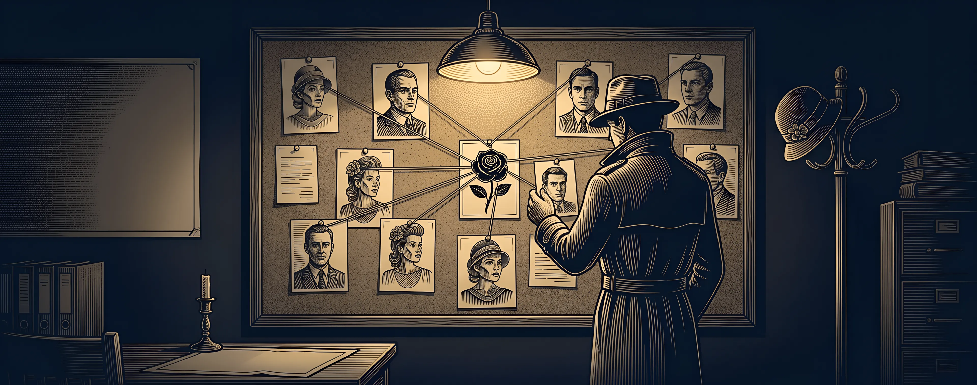 A man in a fedora and a trench coat studies a cork evidence board of engraved portraits of suspects linked by strings, a black rose at its centre, under a hanging lamp in a dark Palermo office, drawn in gold engraved lines on navy