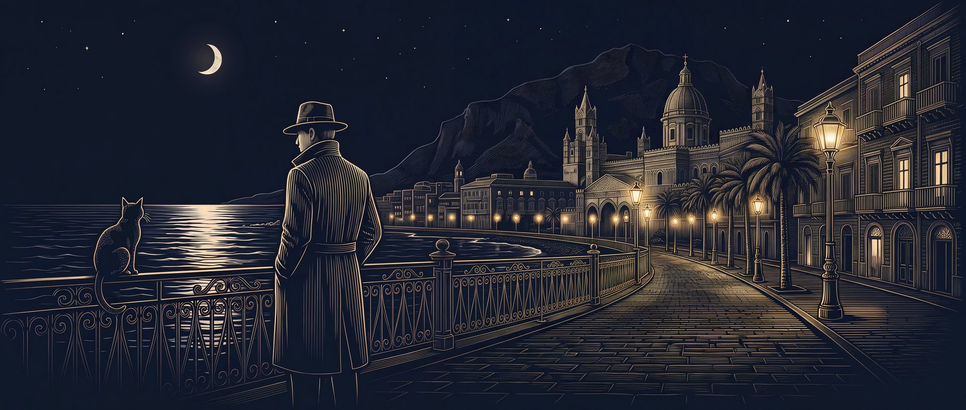 A man in a fedora and a long coat stands at the wrought-iron railings of Palermo's seafront at night, a black cat on the rail beside him, looking over the moonlit sea towards the lamplit promenade, the palms, the cathedral dome and the dark mountain, drawn in gold engraved lines on dark navy