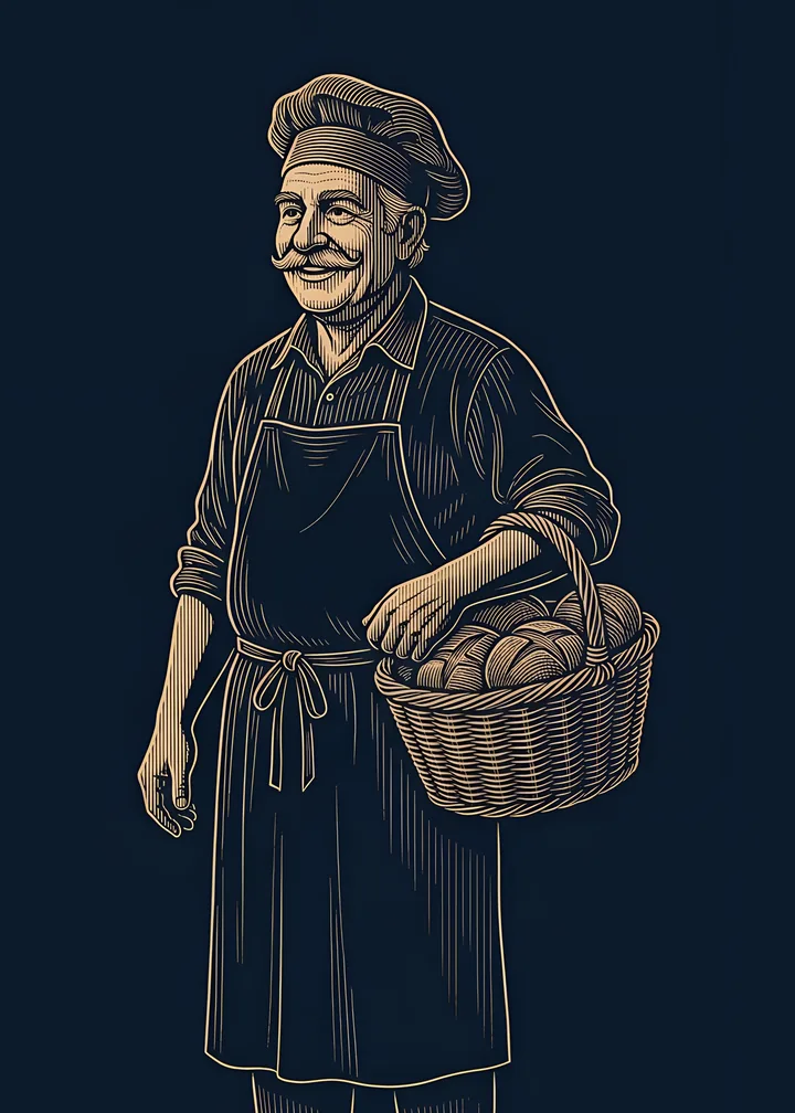 A Citizen's card: a smiling baker in an apron with a basket of bread