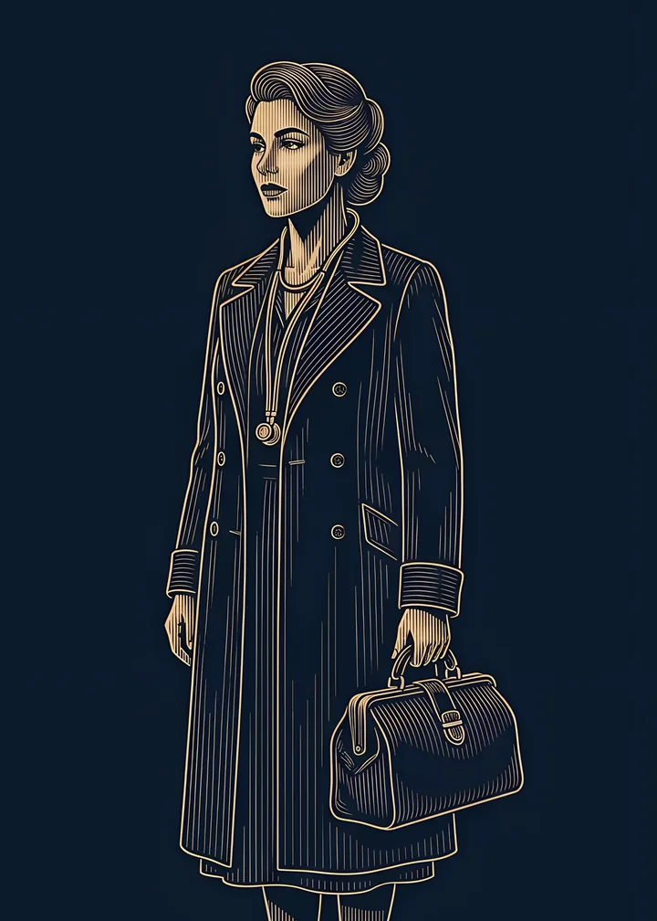 The Doctor's card: a woman in a long coat with a stethoscope and a leather doctor's bag