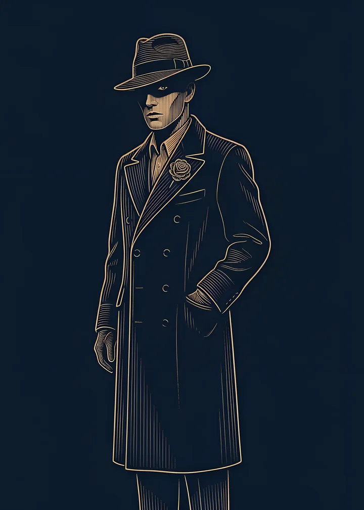 The Hidden Killer's card: a slim figure in a long coat, a fedora pulled low over the face, a rose on the lapel