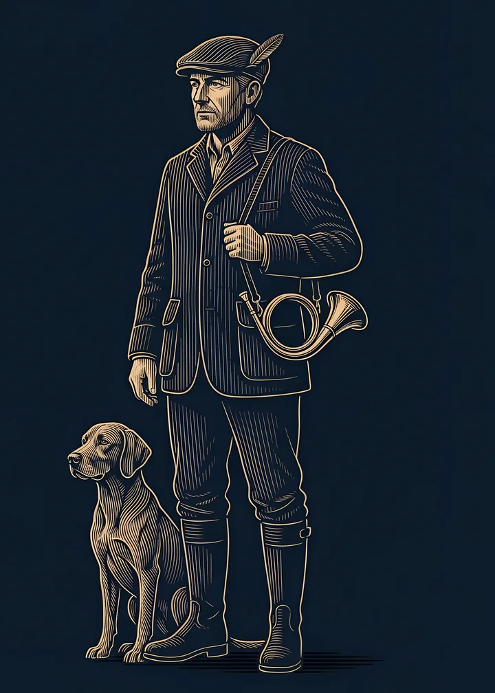 The Hunter's card: a countryman in a flat cap and tweed with a hunting horn, his hound at his feet