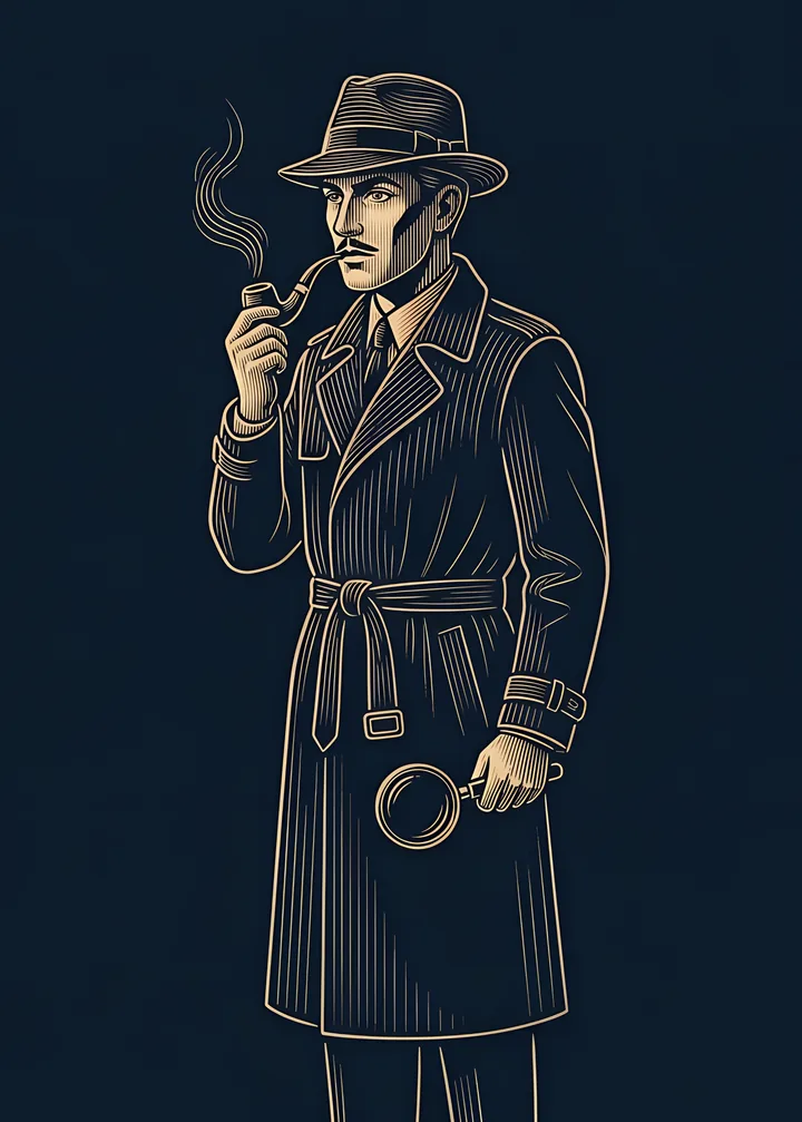 The Detective's card: a tall detective in a trench coat and fedora with a pipe and a magnifying glass