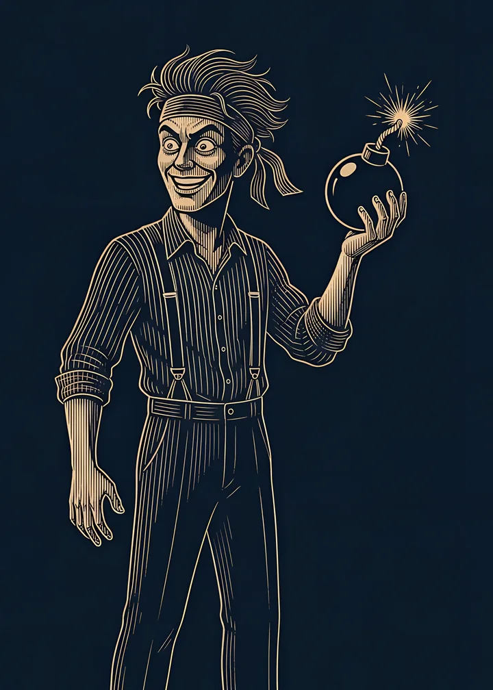 The Kamikaze's card: a grinning man in a striped shirt holding up a round cartoon bomb with a sparkling fuse