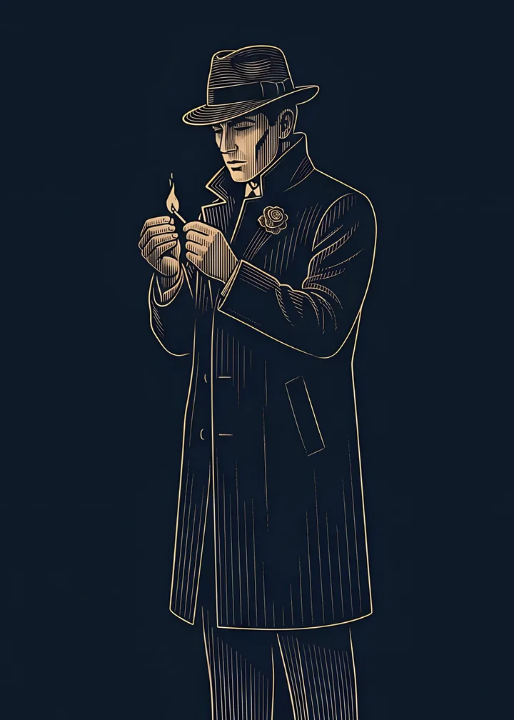 The Known Killer's card: a man in a dark overcoat and a fedora lights a match, a rose pinned to his lapel