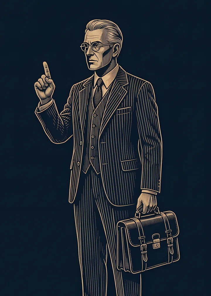 The Lawyer's card: a lawyer in a pinstriped suit and round spectacles, a briefcase in one hand, one finger raised