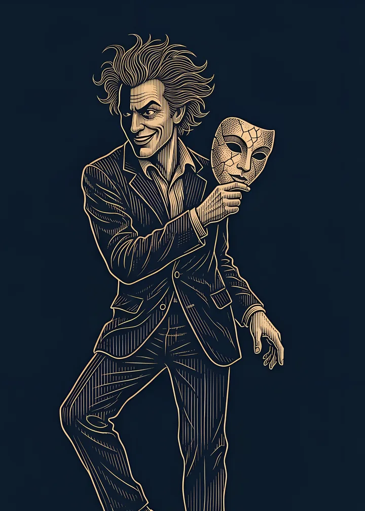 The Madman's card: a man in a rumpled suit with wild hair, holding a cracked harlequin mask