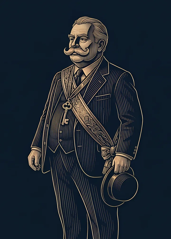 The Mayor's card: a stout mayor with a curled moustache, a sash and a ceremonial key