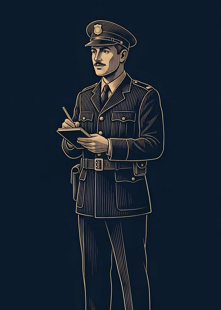 The Police Officer's card: an officer in a peaked cap and a buttoned uniform, writing in a notebook