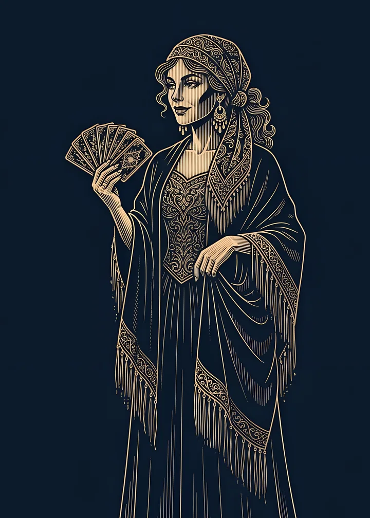 The Seer's card: a fortune teller in a patterned headscarf holding a fan of tarot cards