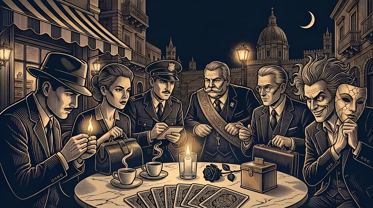 Six players lean over a café table in a Palermo piazza at night: role cards dealt face down, a candle, an espresso, a black rose and a ballot box, the known killer lighting a match, the doctor, the police officer, the mayor, the lawyer and the madman with his mask, drawn in gold engraved lines on navy