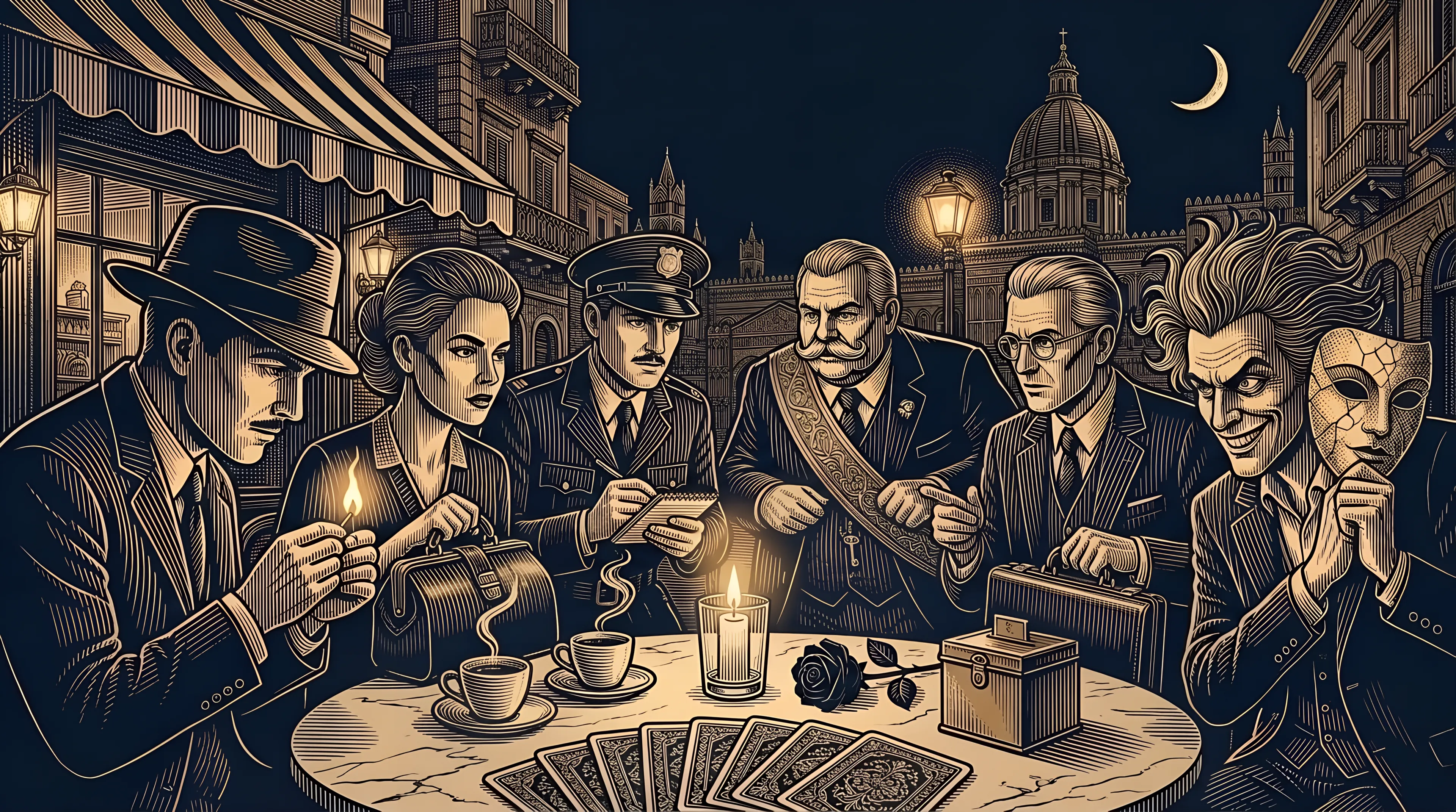 Six players lean over a café table in a Palermo piazza at night: role cards dealt face down, a candle, an espresso, a black rose and a ballot box, the known killer lighting a match, the doctor, the police officer, the mayor, the lawyer and the madman with his mask, drawn in gold engraved lines on navy