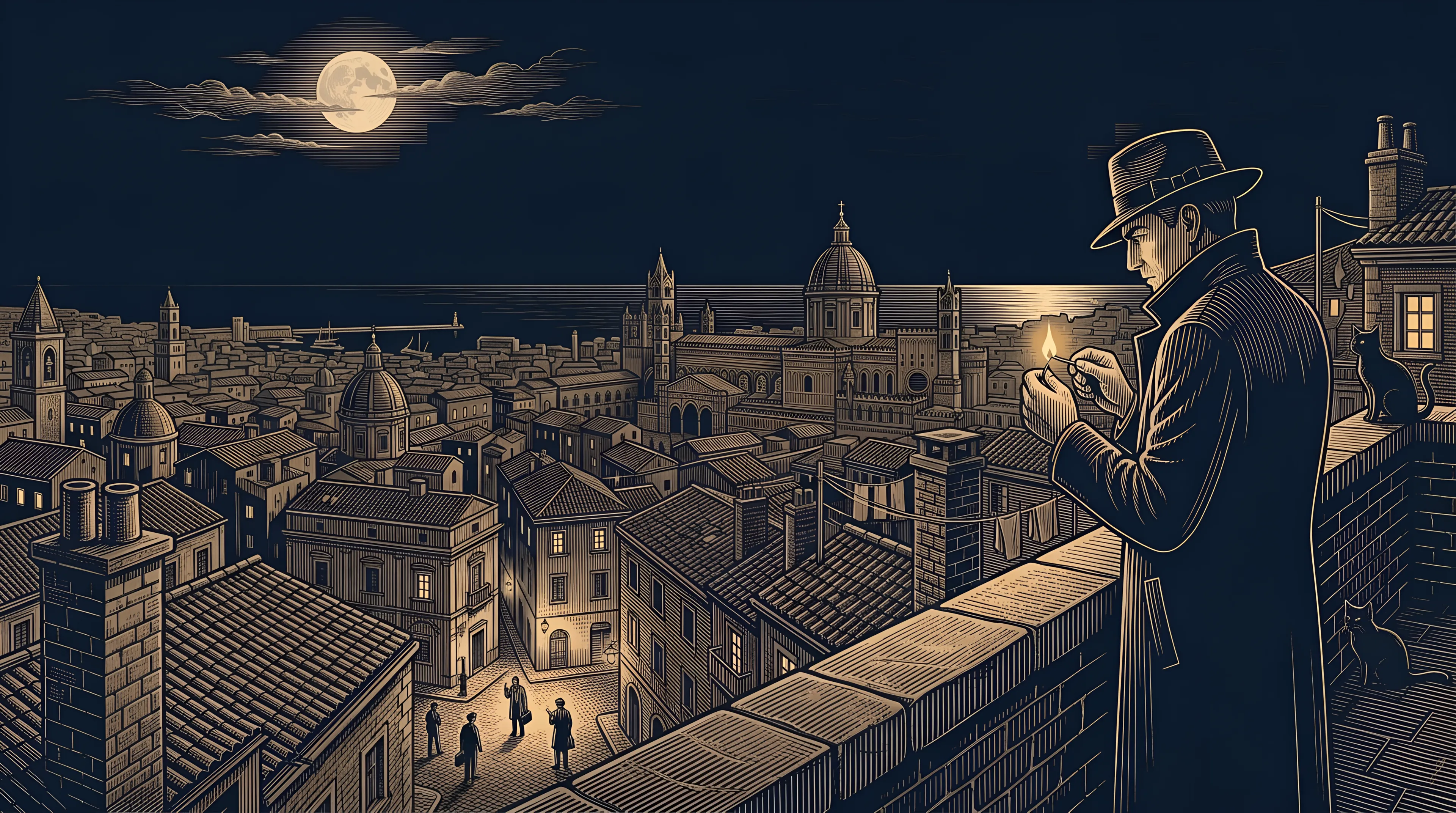 A man in a fedora lights a match on a rooftop terrace above the sleeping city of Palermo: domes, bell towers and a thousand windows down to the harbour, the moon behind thin clouds, a cat on a chimney, in gold engraved lines on navy