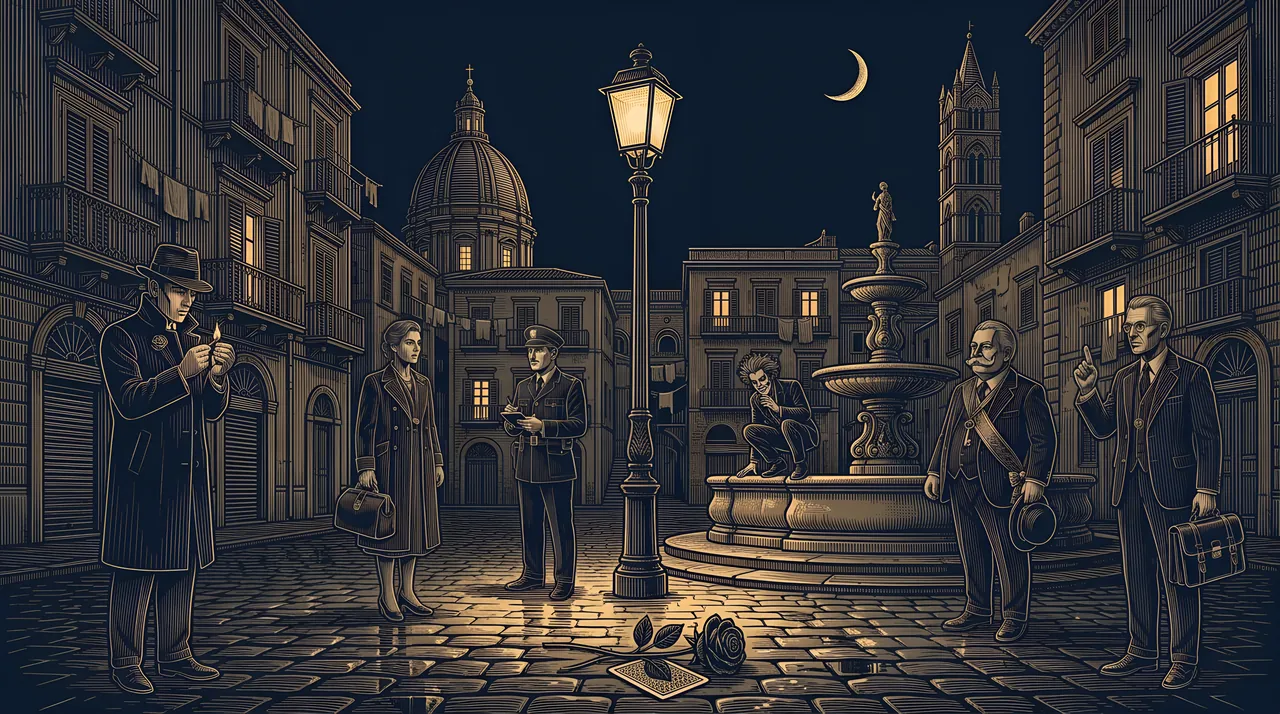 Six suspects stand apart around a lit street lamp in a Palermo piazza at midnight, eyeing each other: the man lighting a match, the doctor, the police officer, the madman on the fountain, the mayor and the lawyer, a black rose on a playing card on the cobbles