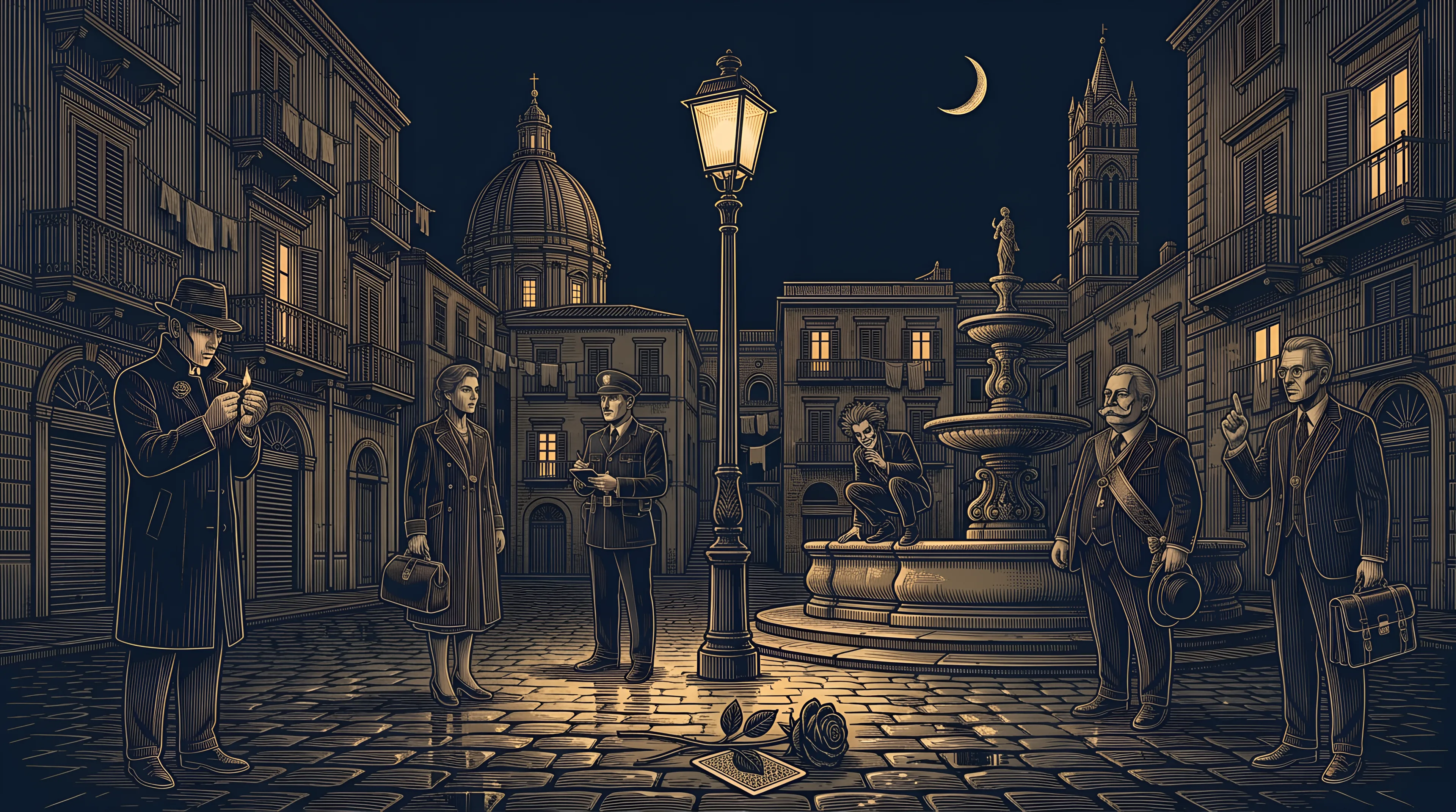 Six suspects stand apart around a lit street lamp in a Palermo piazza at midnight, eyeing each other: the man lighting a match, the doctor, the police officer, the madman on the fountain, the mayor and the lawyer, a black rose on a playing card on the cobbles