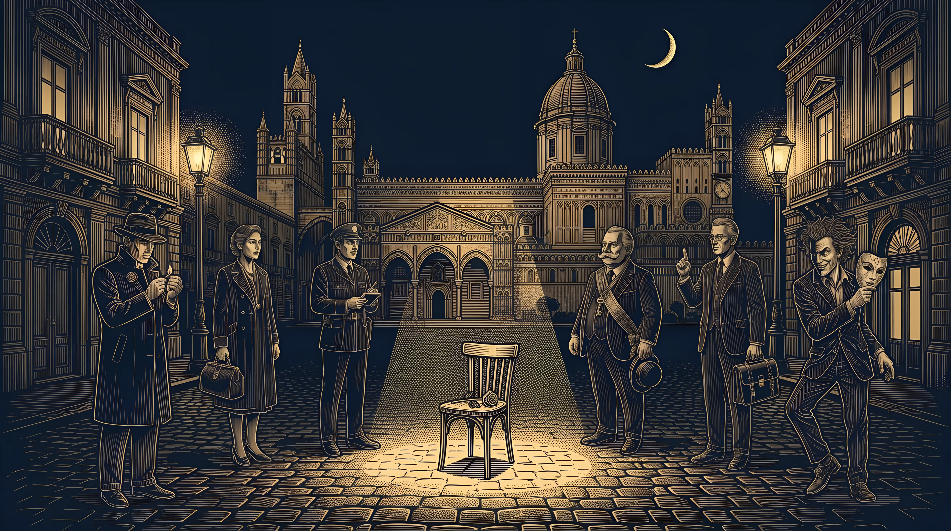 A shaft of light falls on an empty chair with a black rose on its seat in the middle of a Palermo piazza at night, the six characters standing around it between two lit street lamps, the cathedral behind like a stage set