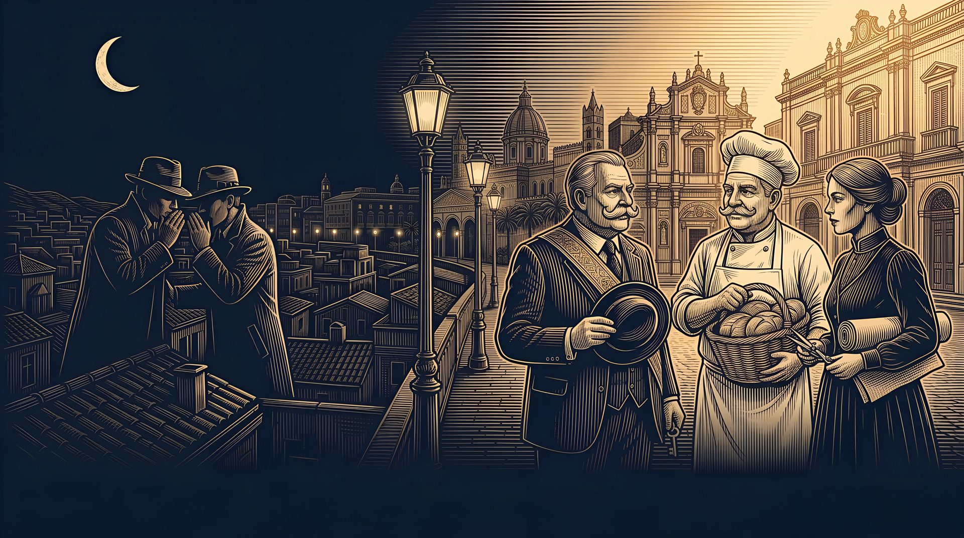 Palermo from night to day: the two killers whisper on the moonlit rooftops while the Mayor, the Baker and the Seamstress meet in the morning light
