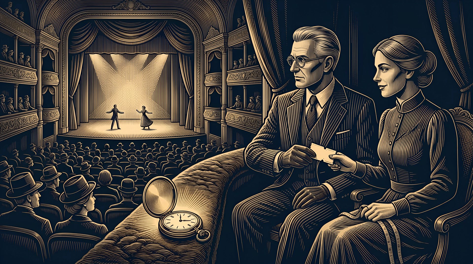 In a theatre box, the Lawyer slips the Seamstress a ticket stub, a gold pocket watch on the ledge and the lit stage below