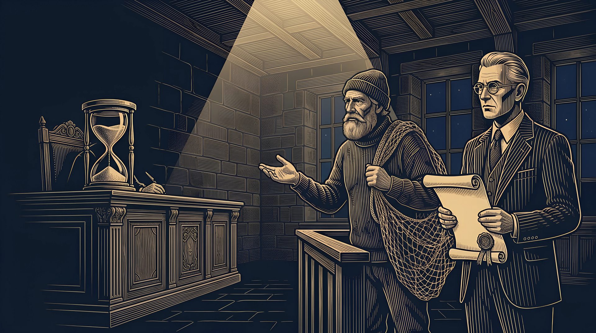 The condemned Fisherman pleads in a beam of light while the Lawyer holds a sealed parchment and an hourglass runs on the judge's bench