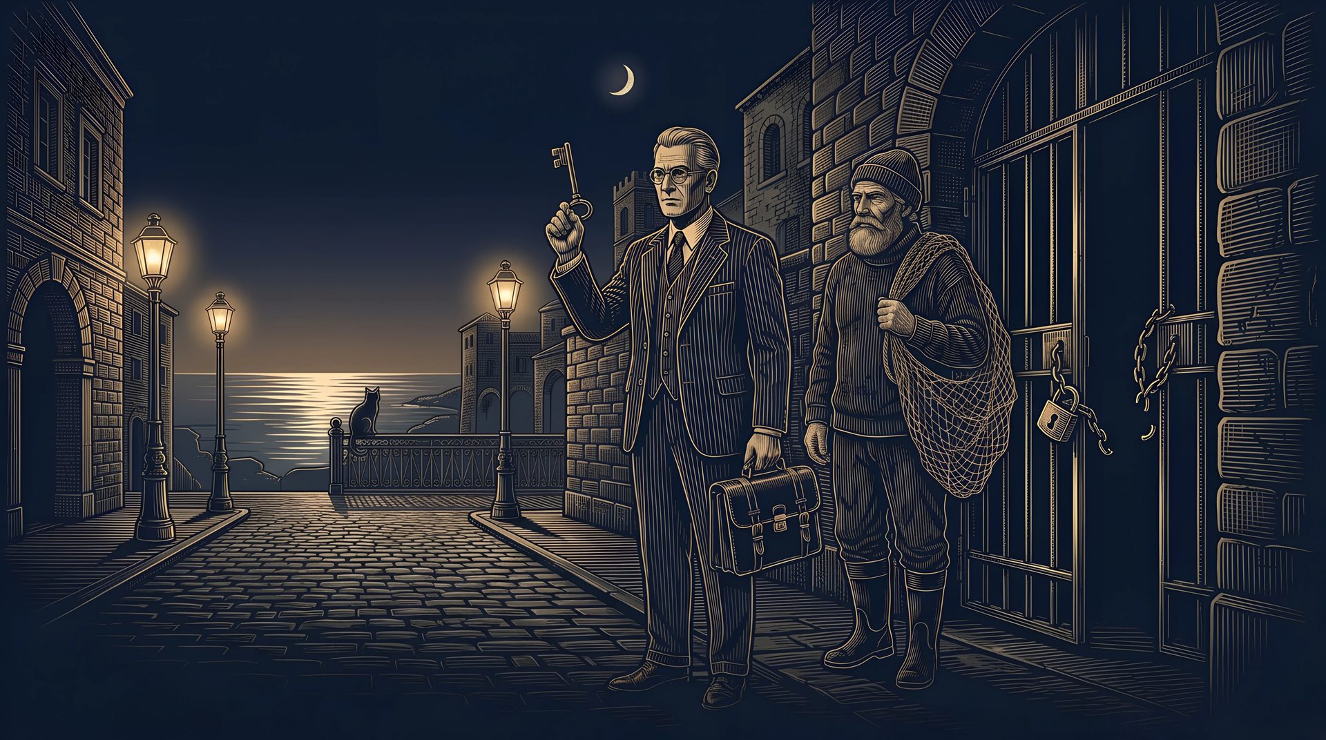 The Lawyer, holding up a big iron key, walks out of the old town jail beside the freed Fisherman, the gate open behind them