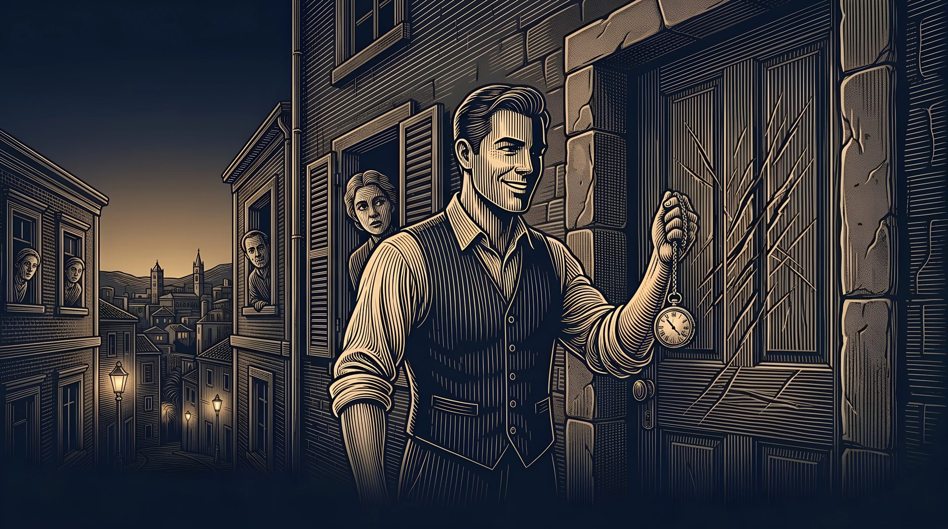 The Bulletproof man grins at his scratched front door, holding up a dented pocket watch, while neighbours look out of their windows