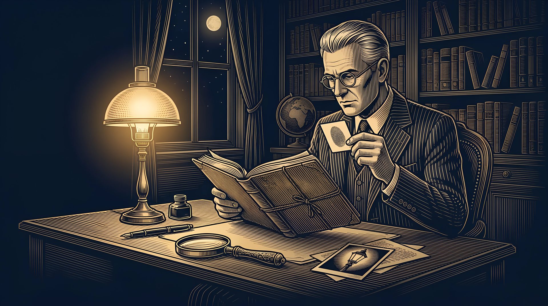 The Lawyer opens a thick case file under his desk lamp at night, holding up a fingerprint card, a magnifying glass on the desk