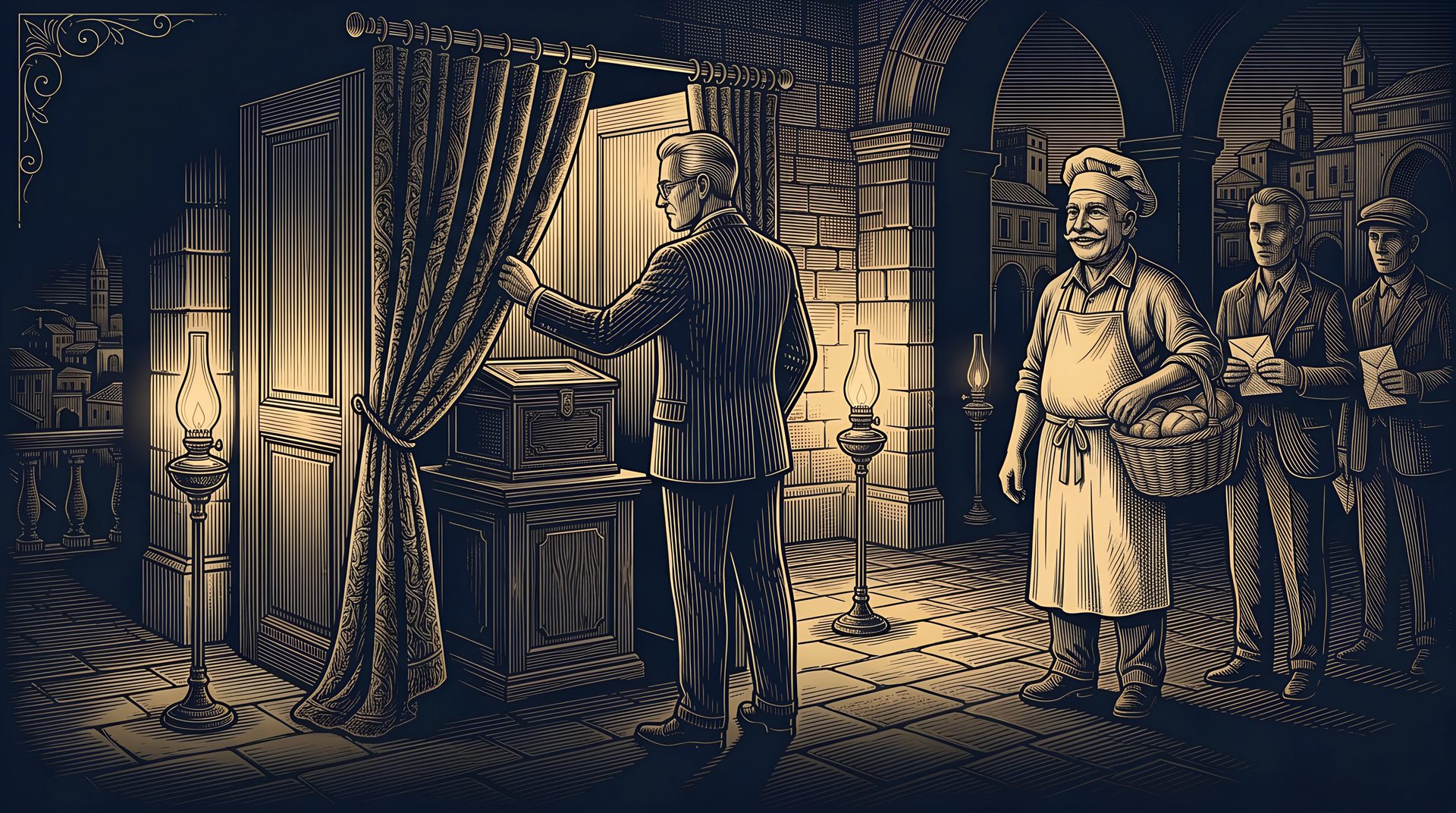 The Lawyer draws a velvet curtain round the ballot box while the Baker and other townspeople wait in line with their ballots