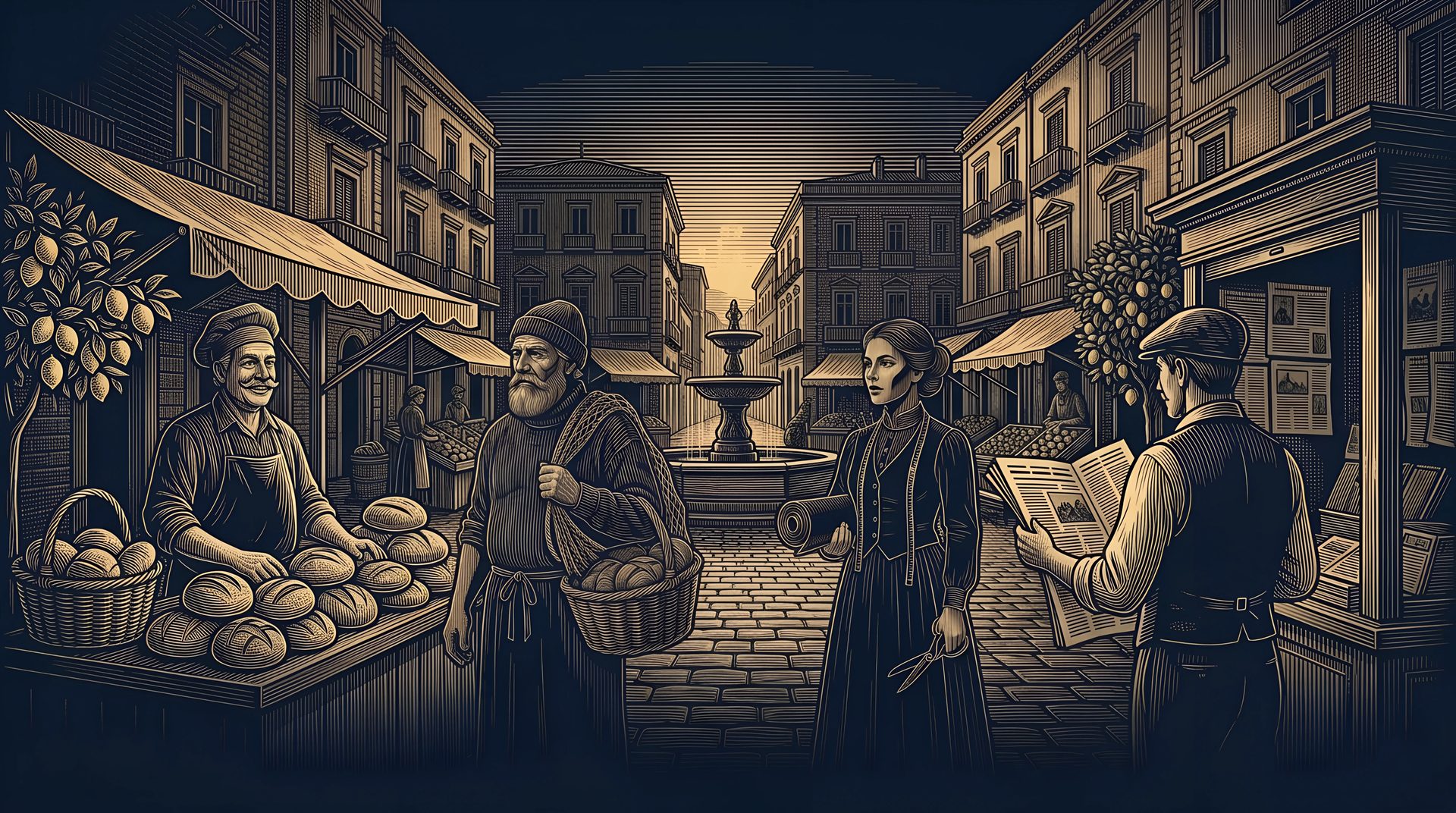The town's citizens at the market: the Baker at his bread stall, the Fisherman with his net, the Seamstress and the newspaper seller reading at his kiosk