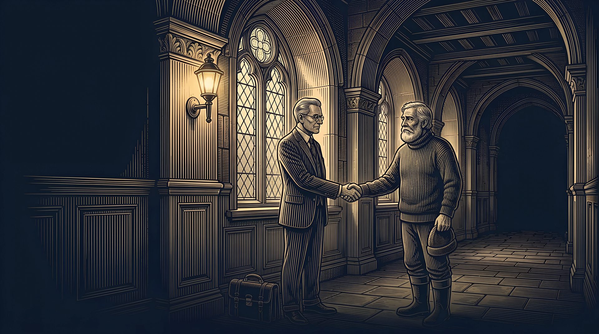The Lawyer shakes hands with the Fisherman, his secret client, by a tall window in a courthouse corridor
