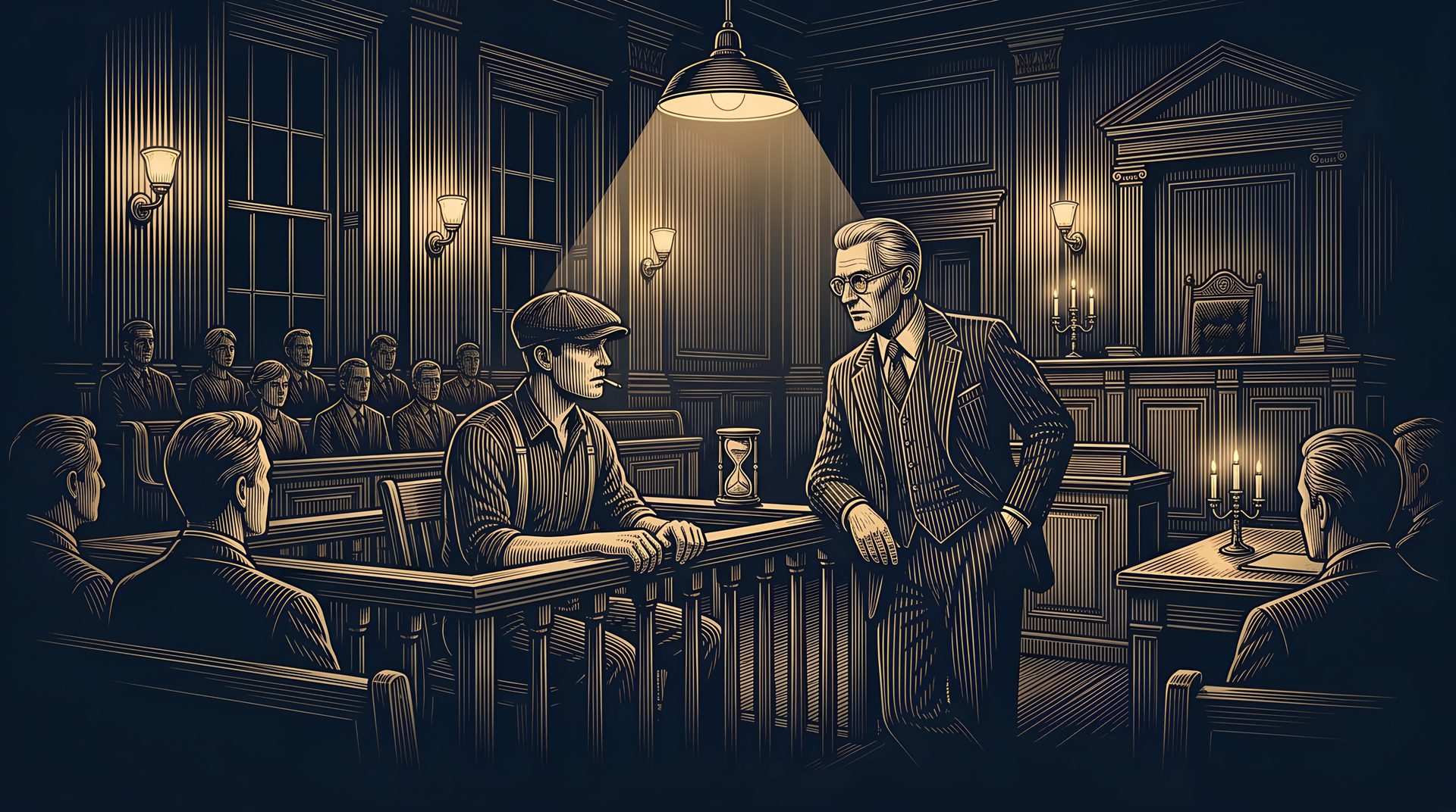 The Henchman sits in the witness stand under a cone of light while the Lawyer leans on the rail, questioning him