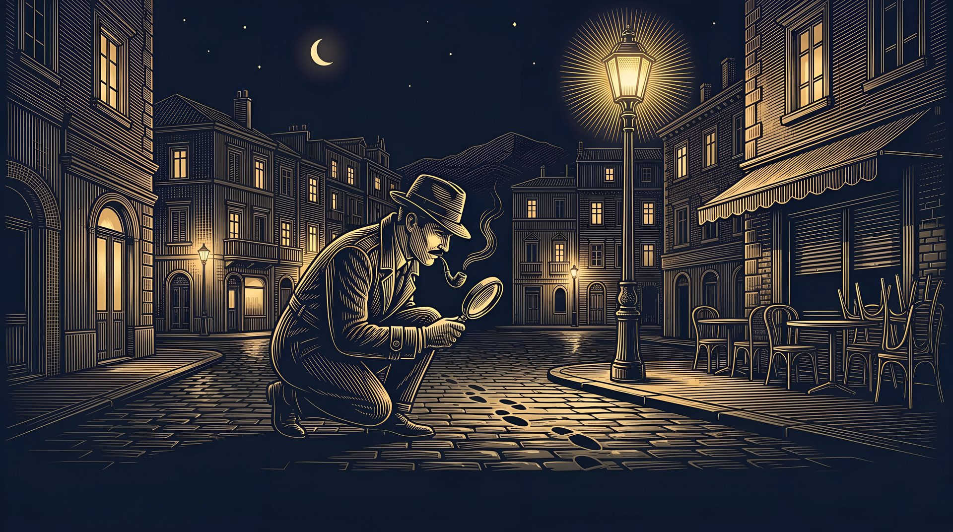 The Detective crouches under a street lamp at night, studying footprints on the cobbles through his magnifying glass, his pipe smoking