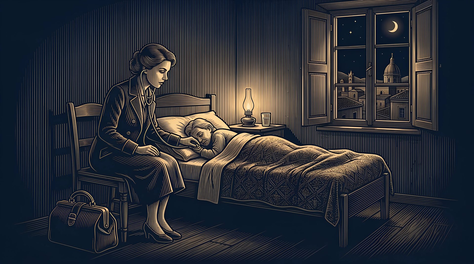 The Doctor sits at a sleeping patient's bedside by the light of an oil lamp, her bag at her feet and Palermo's rooftops in the window