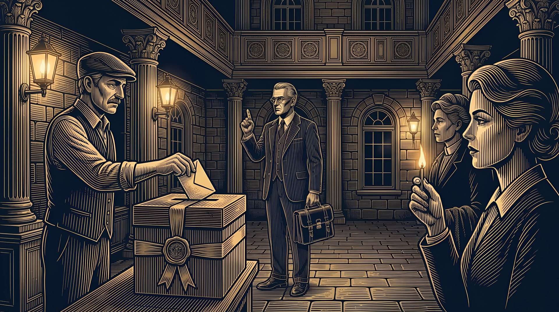 The newspaper seller posts his ballot into a box whose slot is tied shut with a ribbon and a wax seal, while the Lawyer raises a finger
