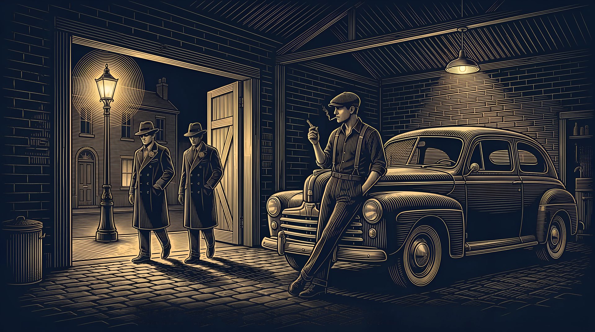 The Henchman leans on an old car in a garage, twirling a key, as the two killers walk past under a street lamp outside