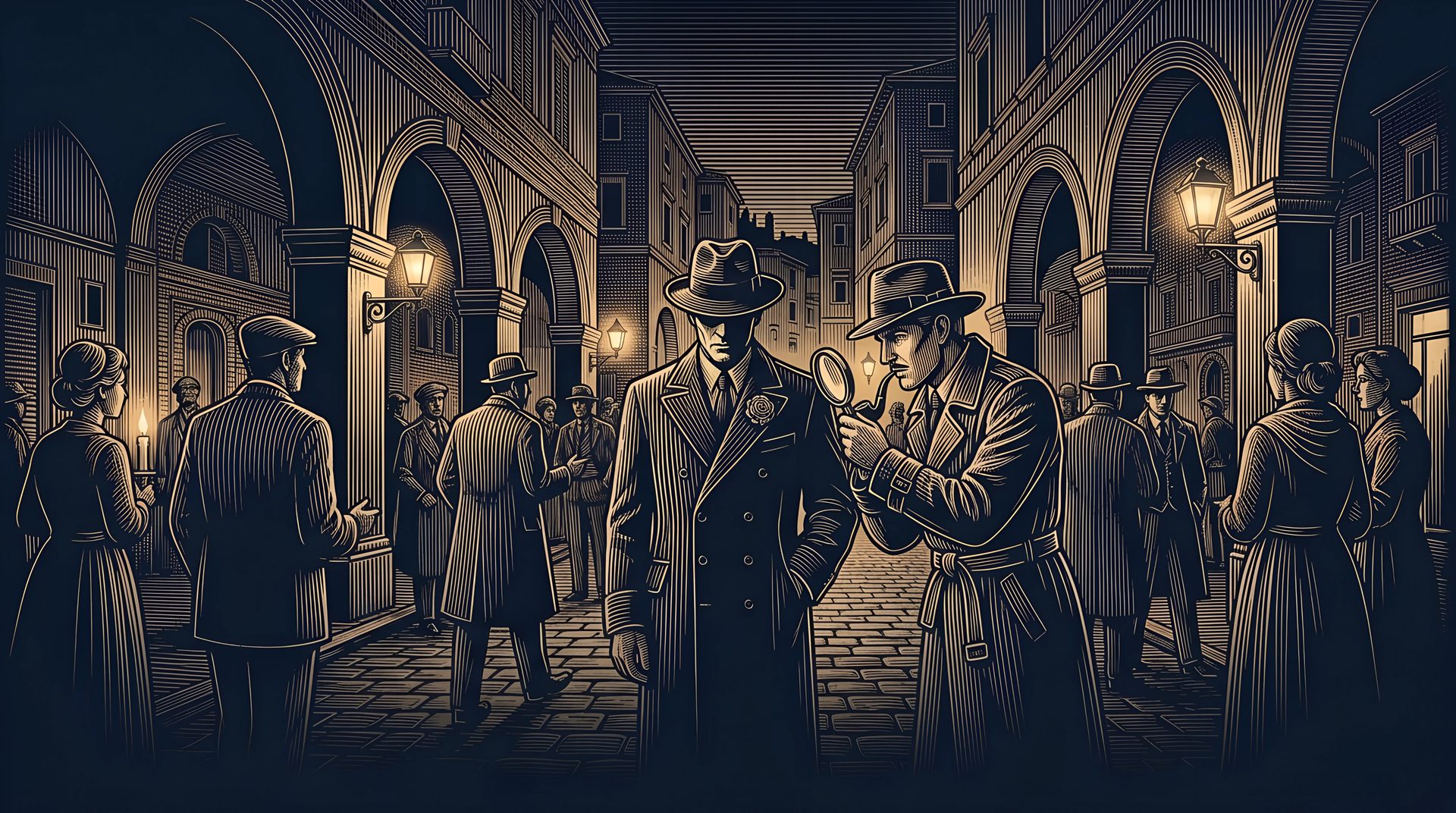 The Hidden Killer, his fedora pulled low, stands in a crowd under a piazza's arcades while the Detective peers at him through a magnifying glass