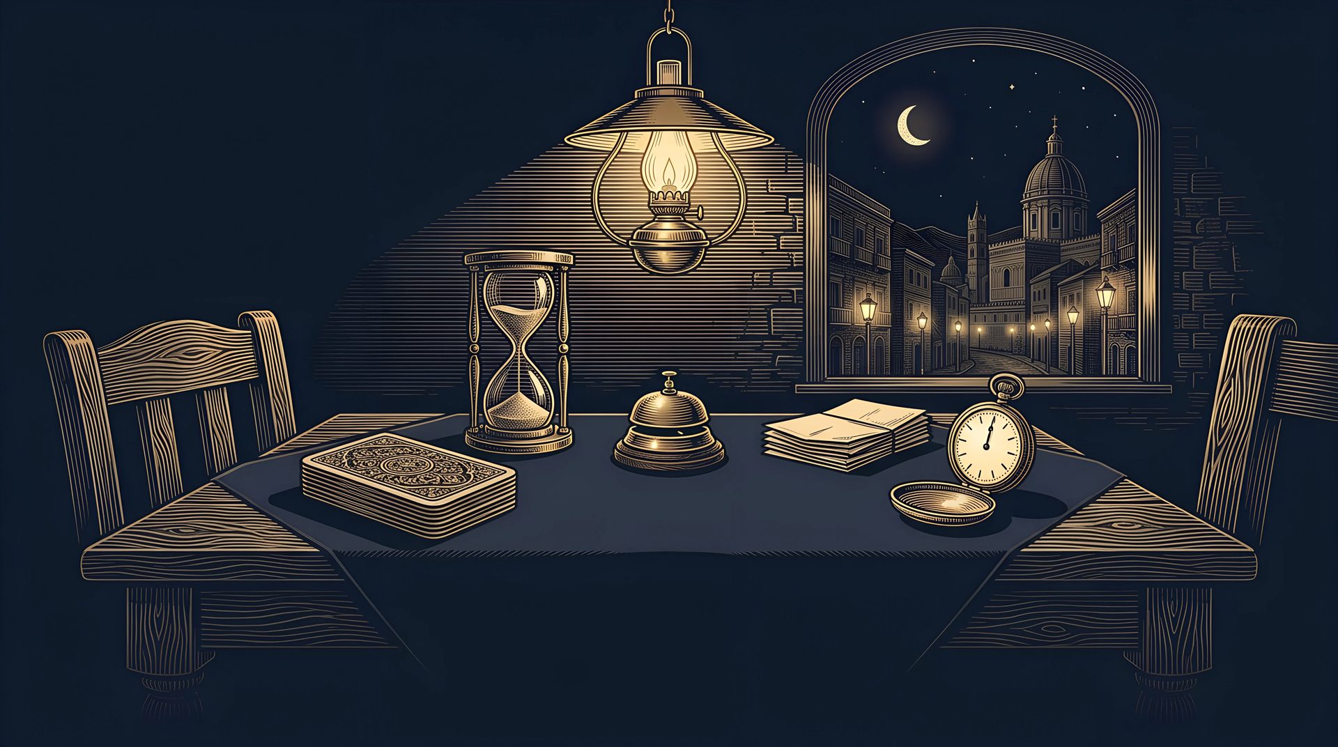 The host's card table under a hanging lamp: a deck of role cards, an hourglass, a brass bell, ballots and a pocket watch, the town's lights through the window