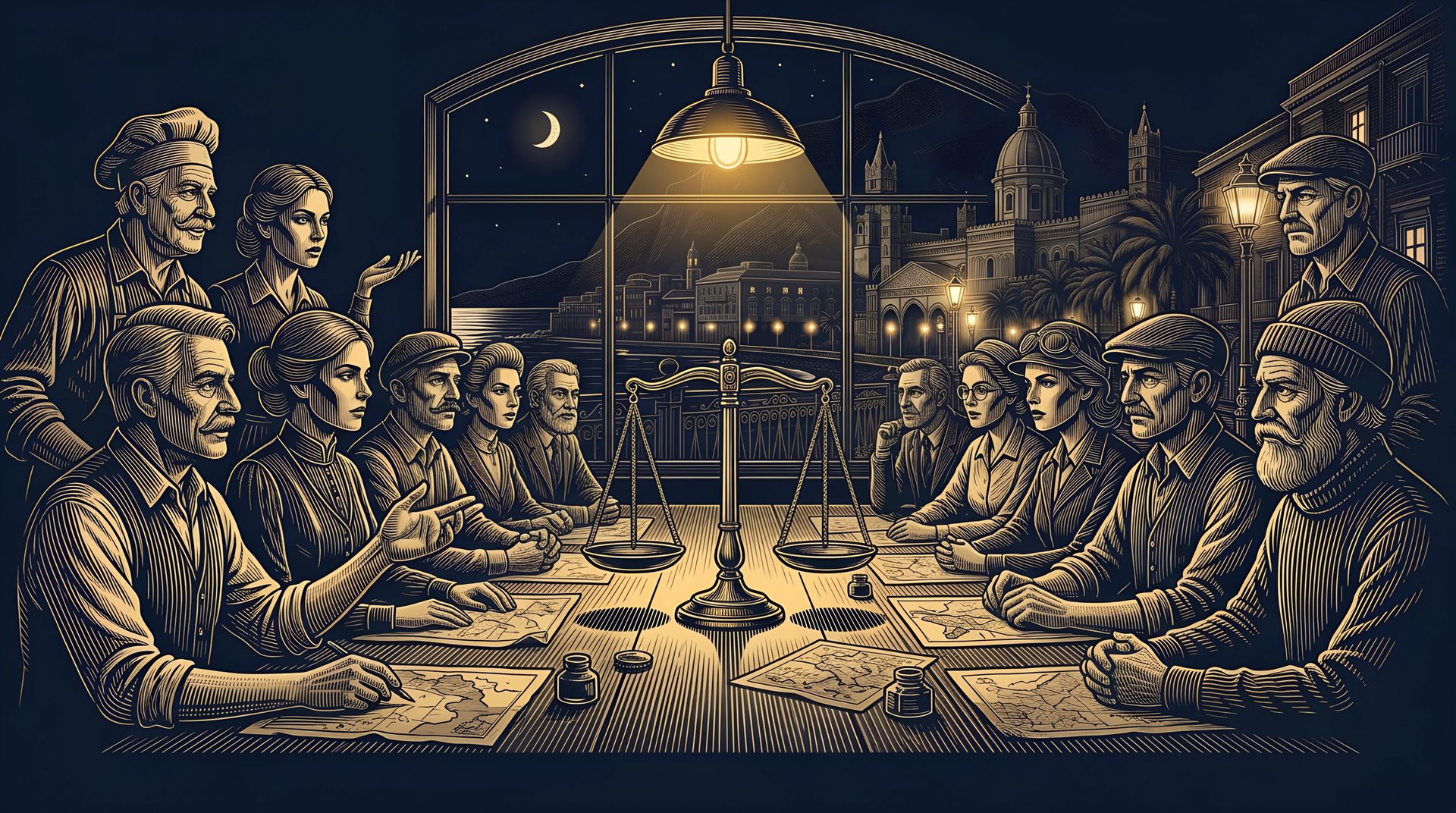 A jury argues around a long table at night, split into two equal halves, with brass scales hanging level between them