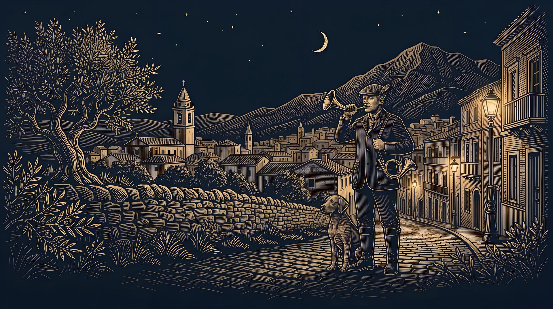 The Hunter raises his brass horn by an olive tree and a stone wall at the edge of town, his hound at his feet
