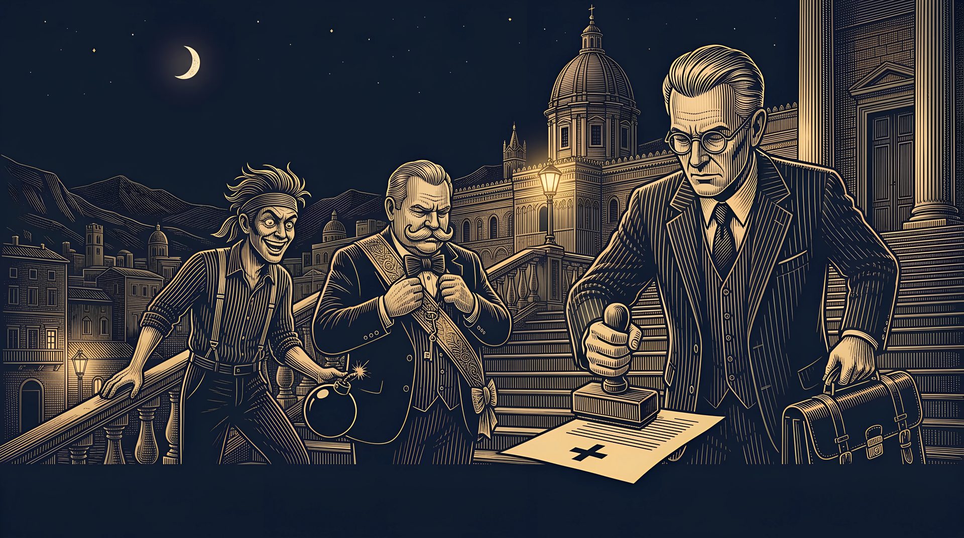 On the town hall steps the Lawyer brings down a rubber stamp on a paper while the Mayor frowns and the Kamikaze lowers his bomb