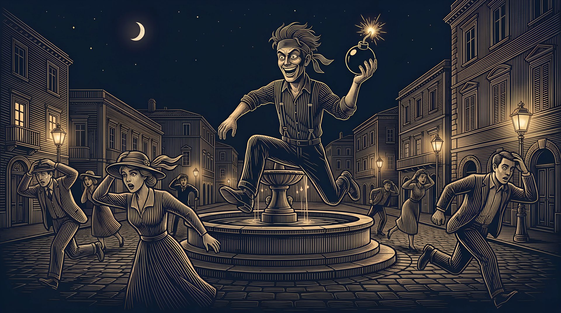The grinning Kamikaze leaps over a fountain holding up a cartoon bomb with a lit fuse while the townspeople scatter
