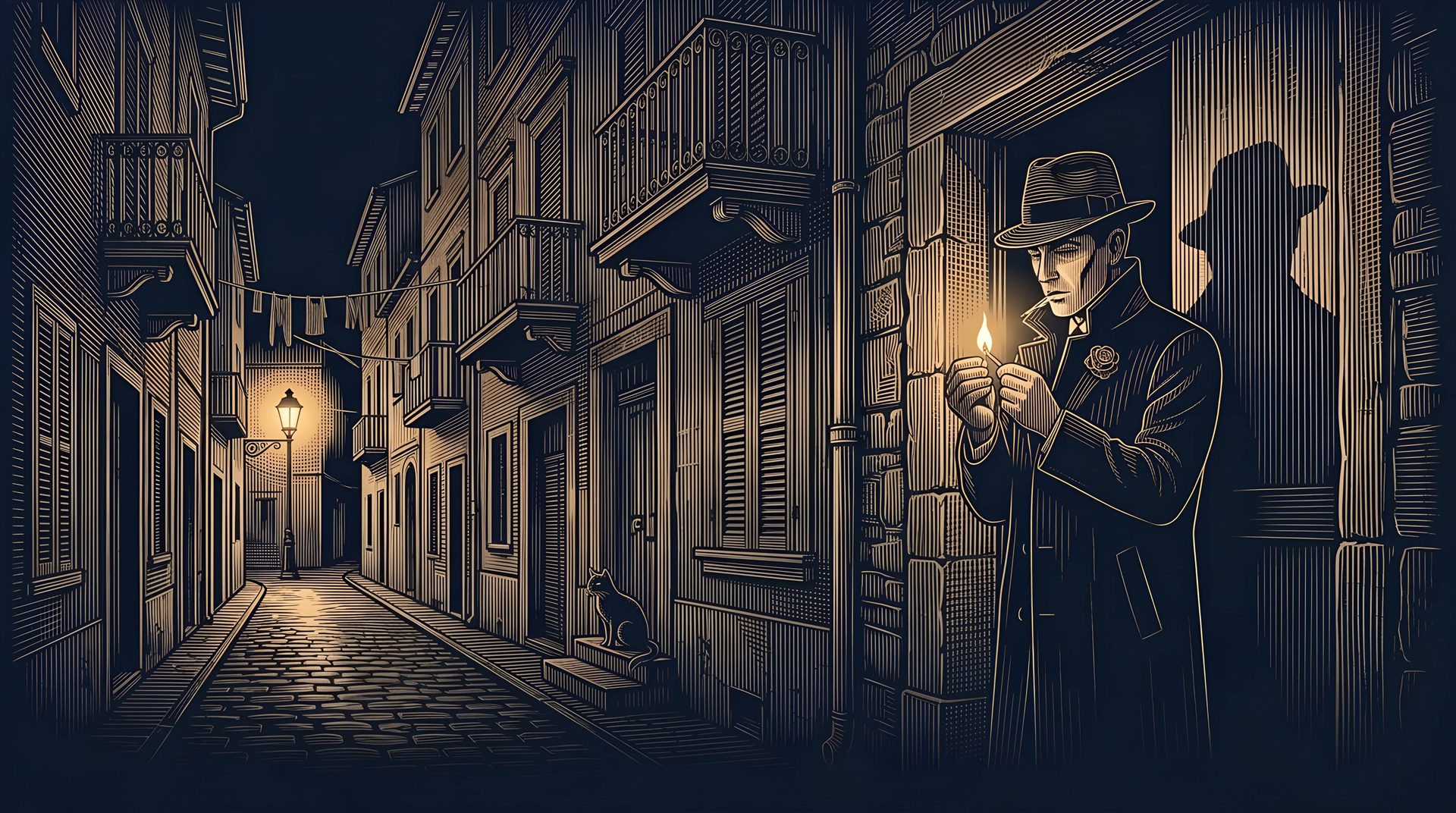 The Known Killer, in a fedora and a dark overcoat with a rose on the lapel, lights a match in a doorway of a narrow Palermo alley at night, a black cat on a step