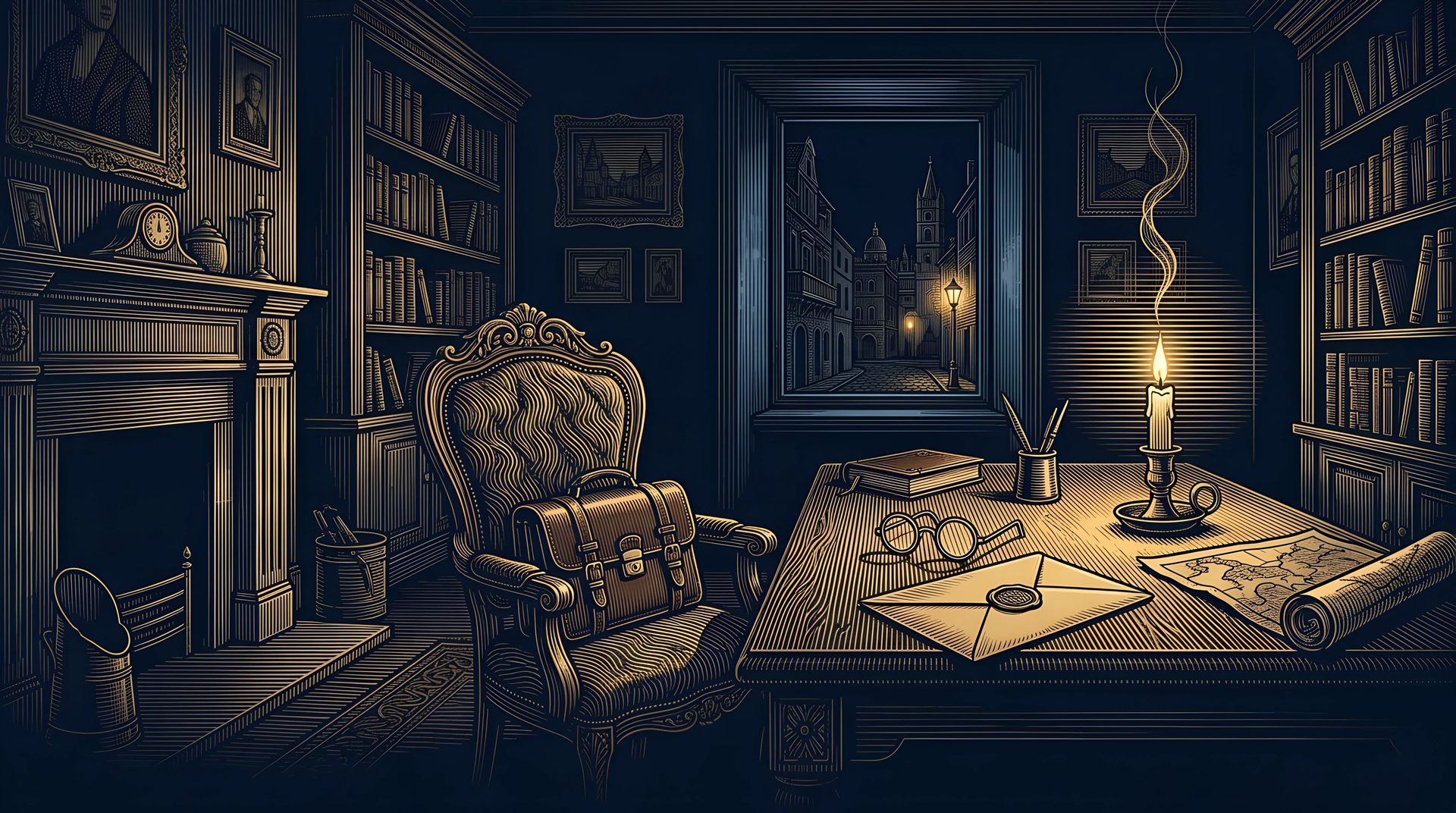 The Lawyer's empty study by candlelight: his spectacles beside a sealed envelope, a candle burned low and his briefcase on the chair